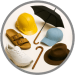 Footwear items along with headgear, umbrellas, and accessories in classification.
